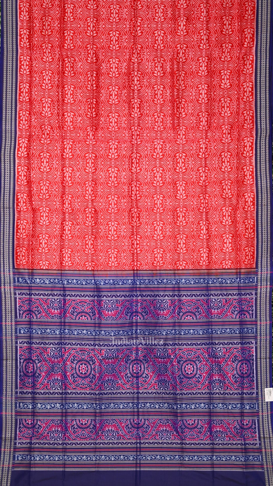 Red Blue Floral Motif Sambalpuri Silk Saree