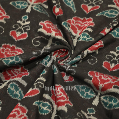 Black Rose Flower Motif Sambalpuri Ikat Cotton Fabric