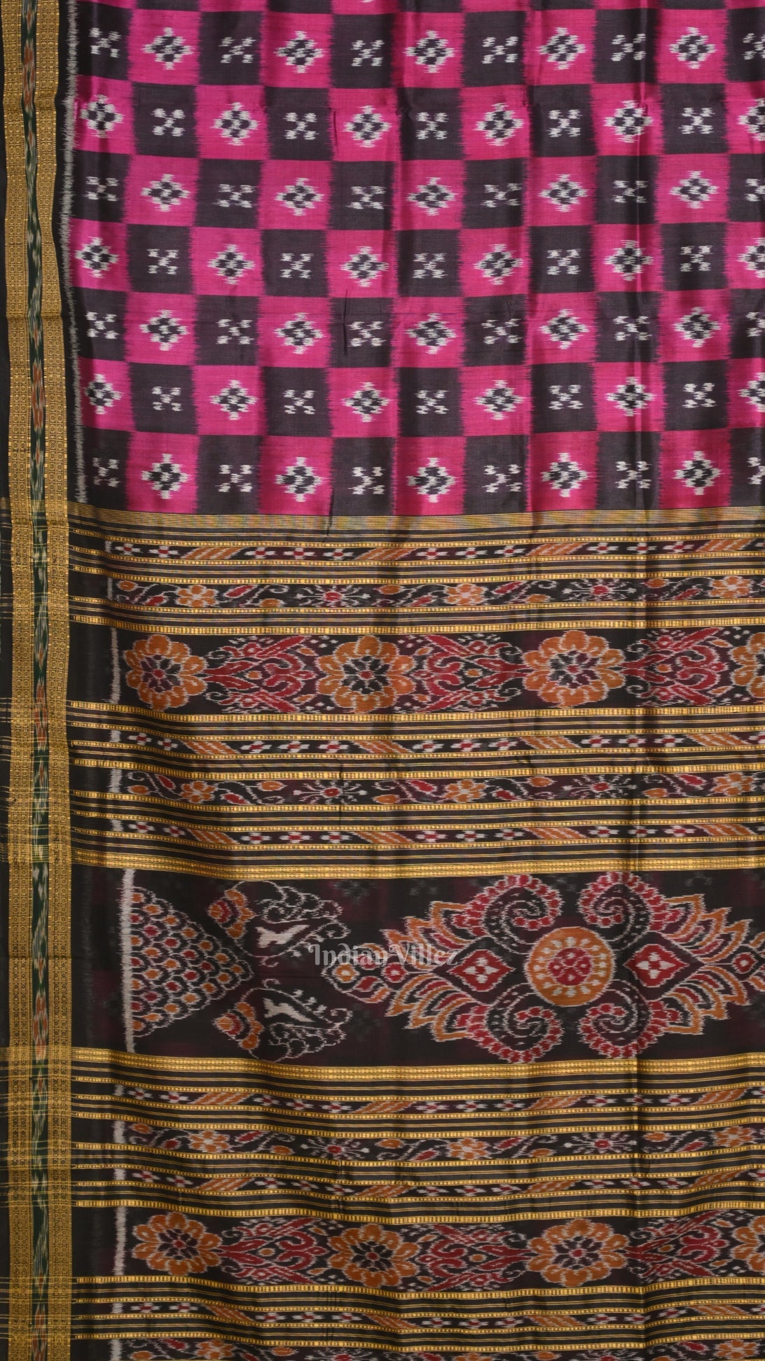Magenta Pink Black Pasapali Odisha lkat Khandua Silk Saree
