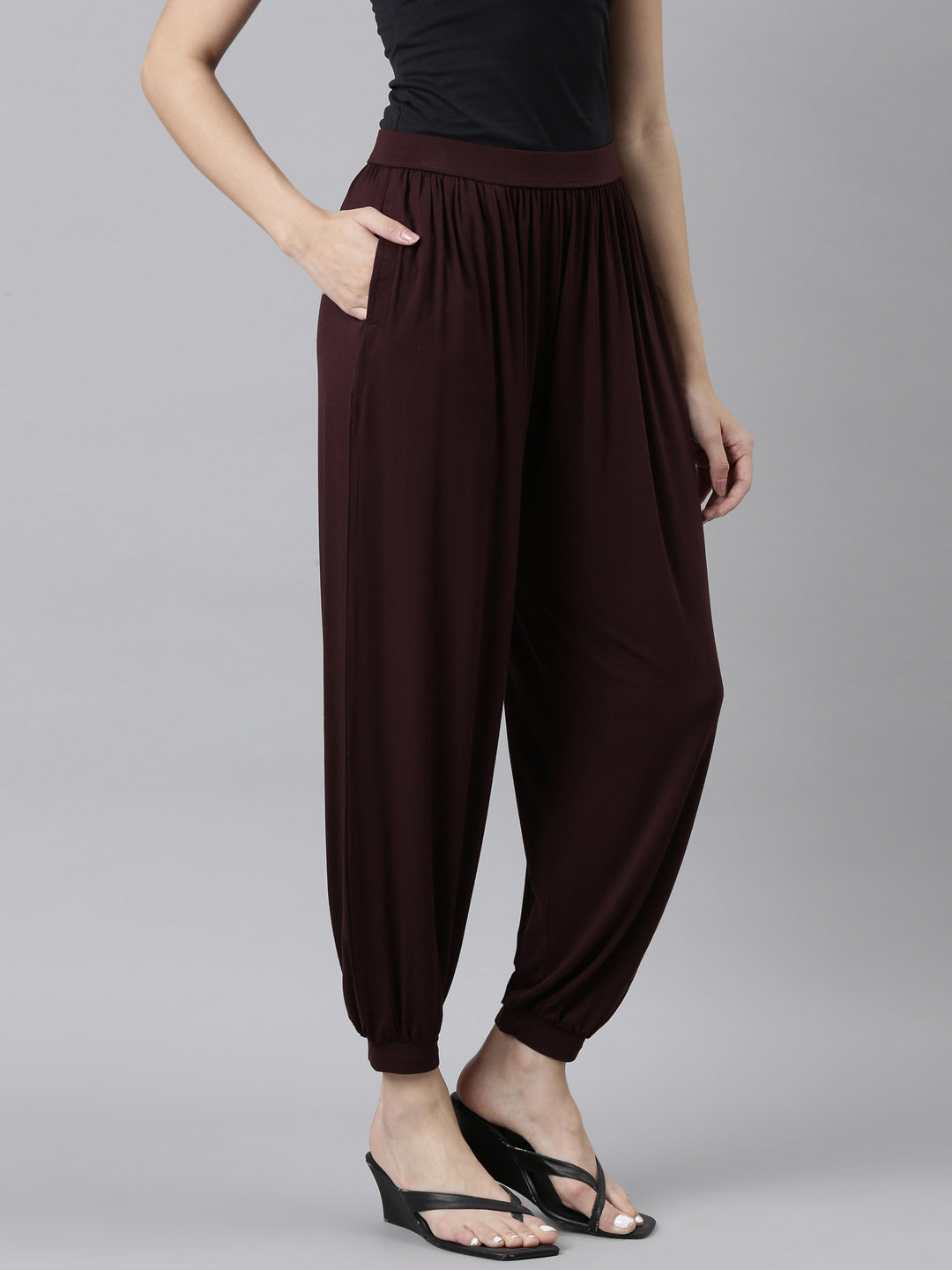 Women Solid Dark Wine Harem Pants