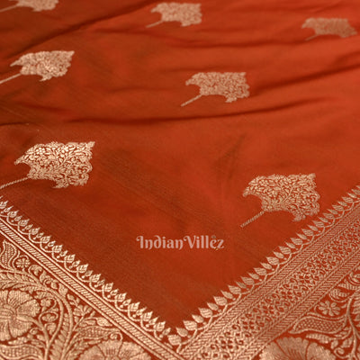 Brick Red Soft Pure Mashru Satin Silk Banarasi Saree