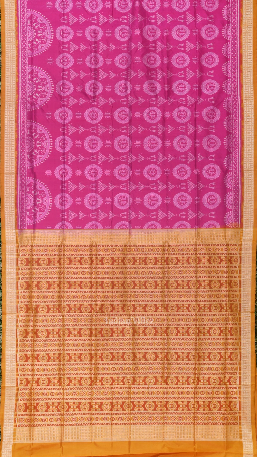 Rani Pink with Mustard Yellow Jhoti Design Sambalpuri Silk Saree