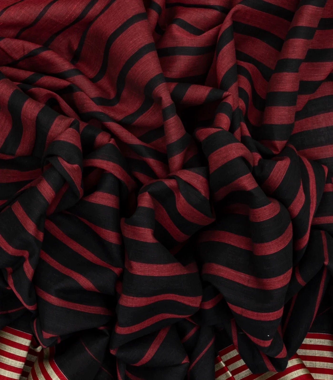 Maroon Handloom Bengal Cotton Saree With Red & Black Gradient stripes