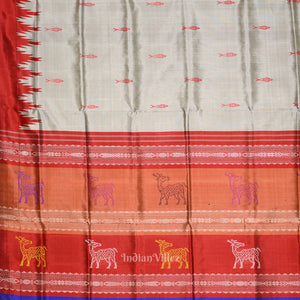Gray Fish Motif with Animal Theme Double Pallu Berhampuri Silk Saree