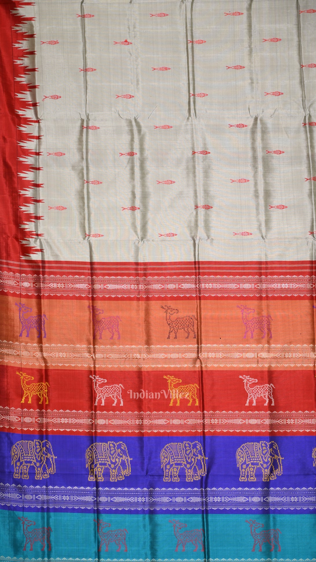 Gray Fish Motif with Animal Theme Double Pallu Berhampuri Silk Saree