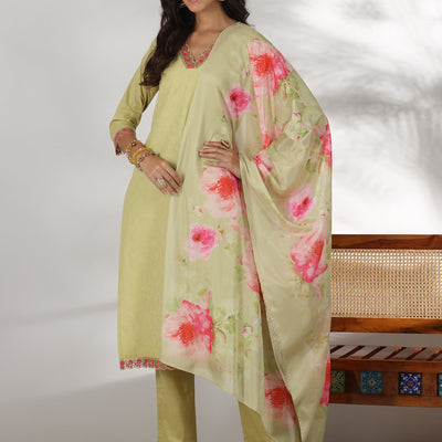 Green Embroidered Cotton Straight Suit With Dupatta