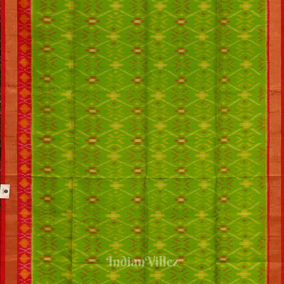 Parrot Green with Pure Red Handloom Pochampally Ikat Silk Saree