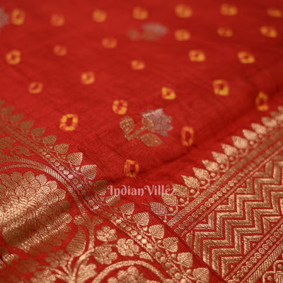 Maroon Red Bandhini Work Pure Chiniya Silk Banarasi Saree