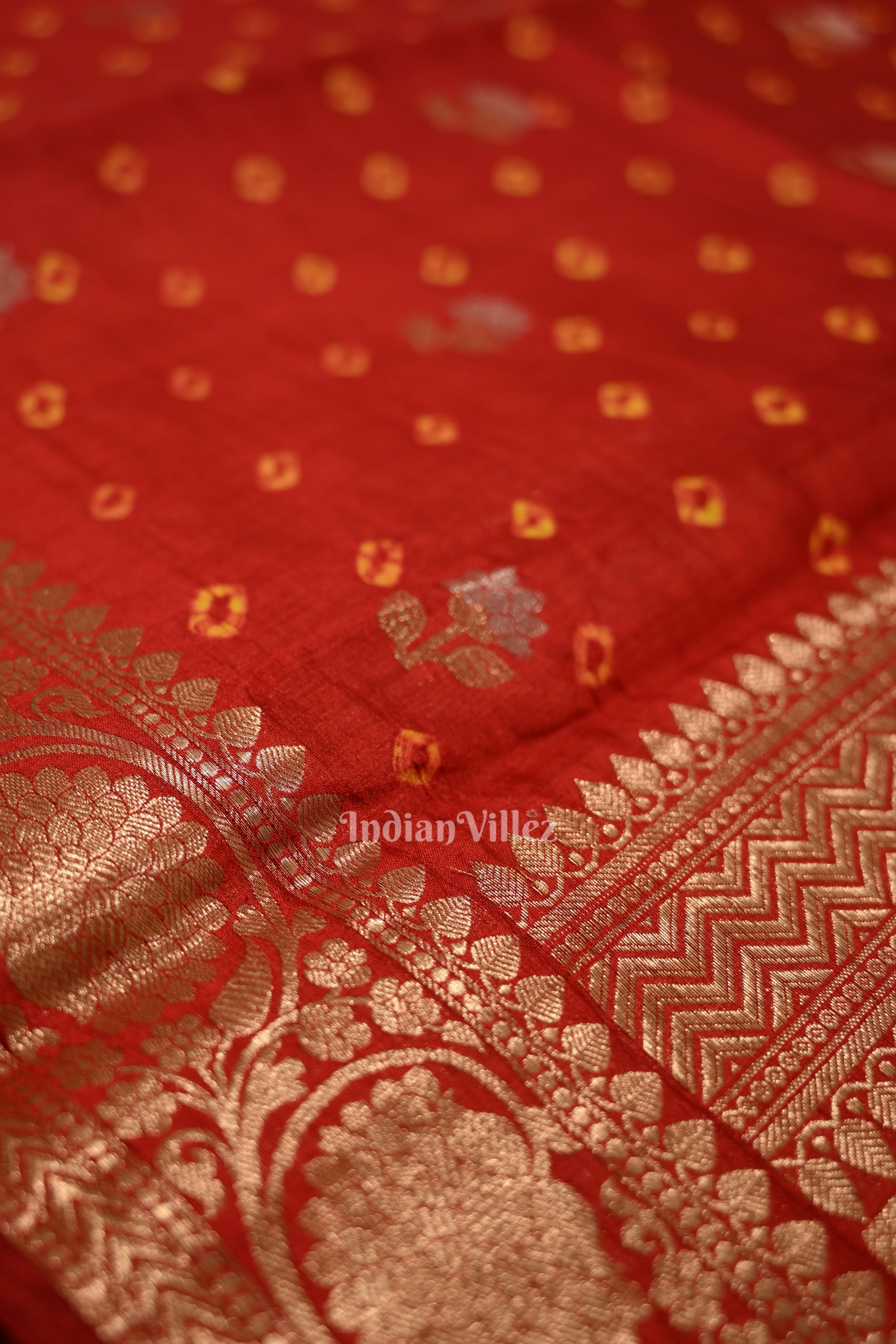 Maroon Red Bandhini Work Pure Chiniya Silk Banarasi Saree