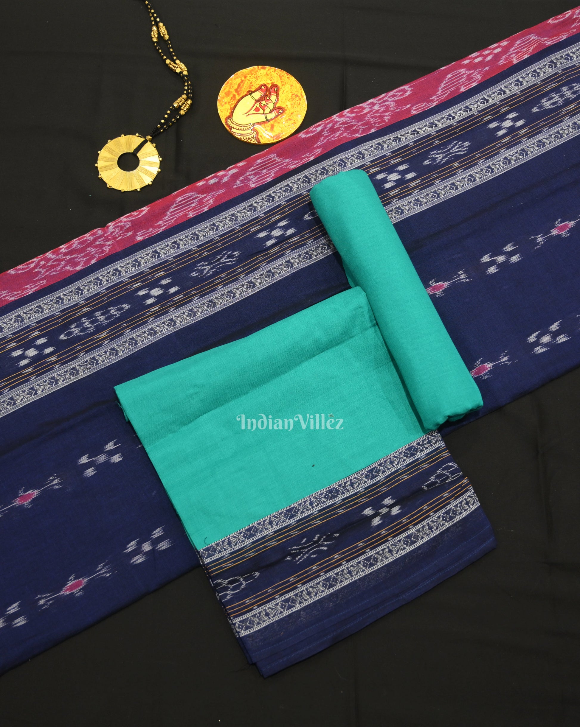 Blue Green Pasapali Sambalpuri Cotton Dress set with Dupatta
