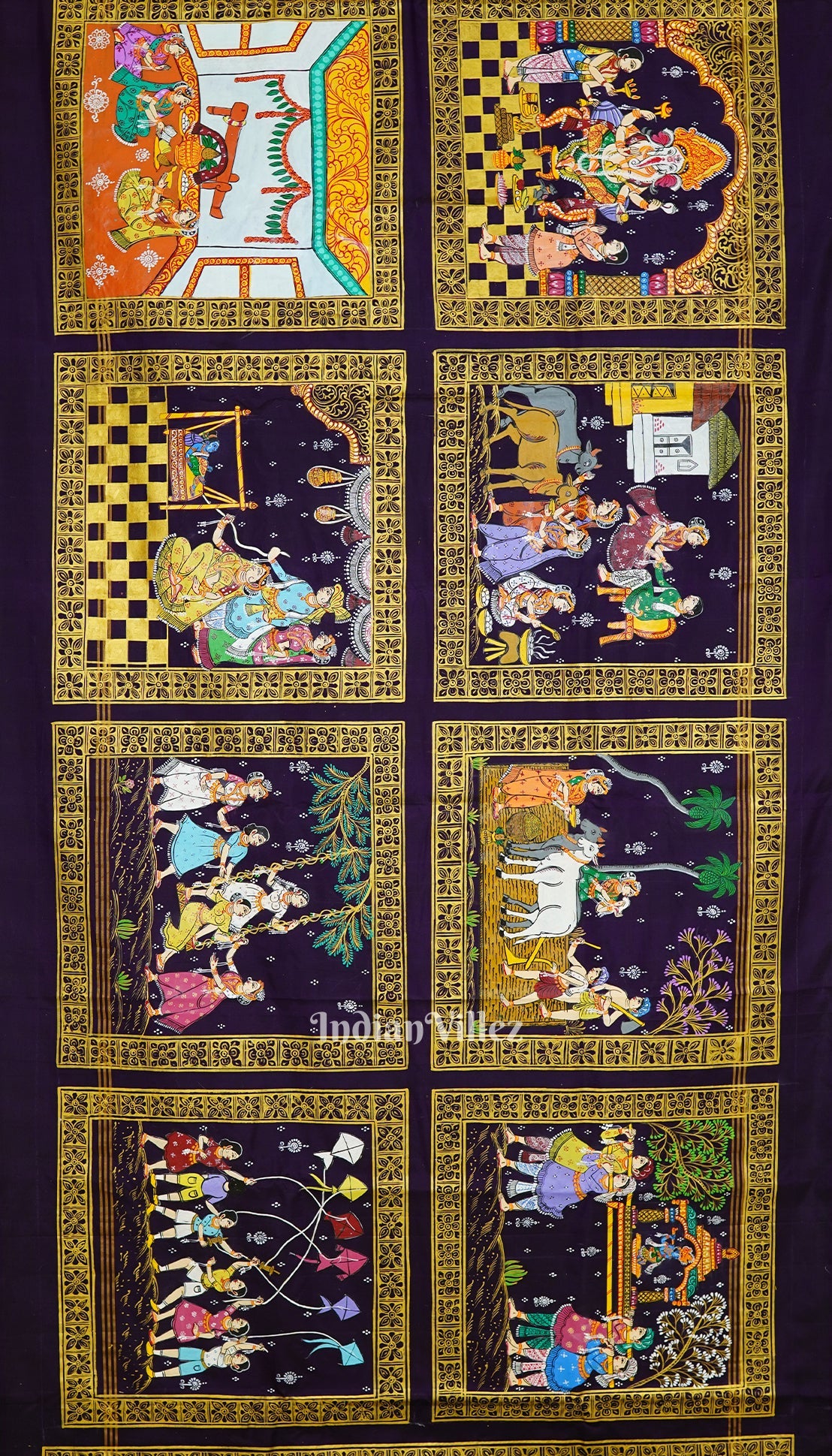 Blackberry Hindu Festival Hand-Painted Pattachitra Saree