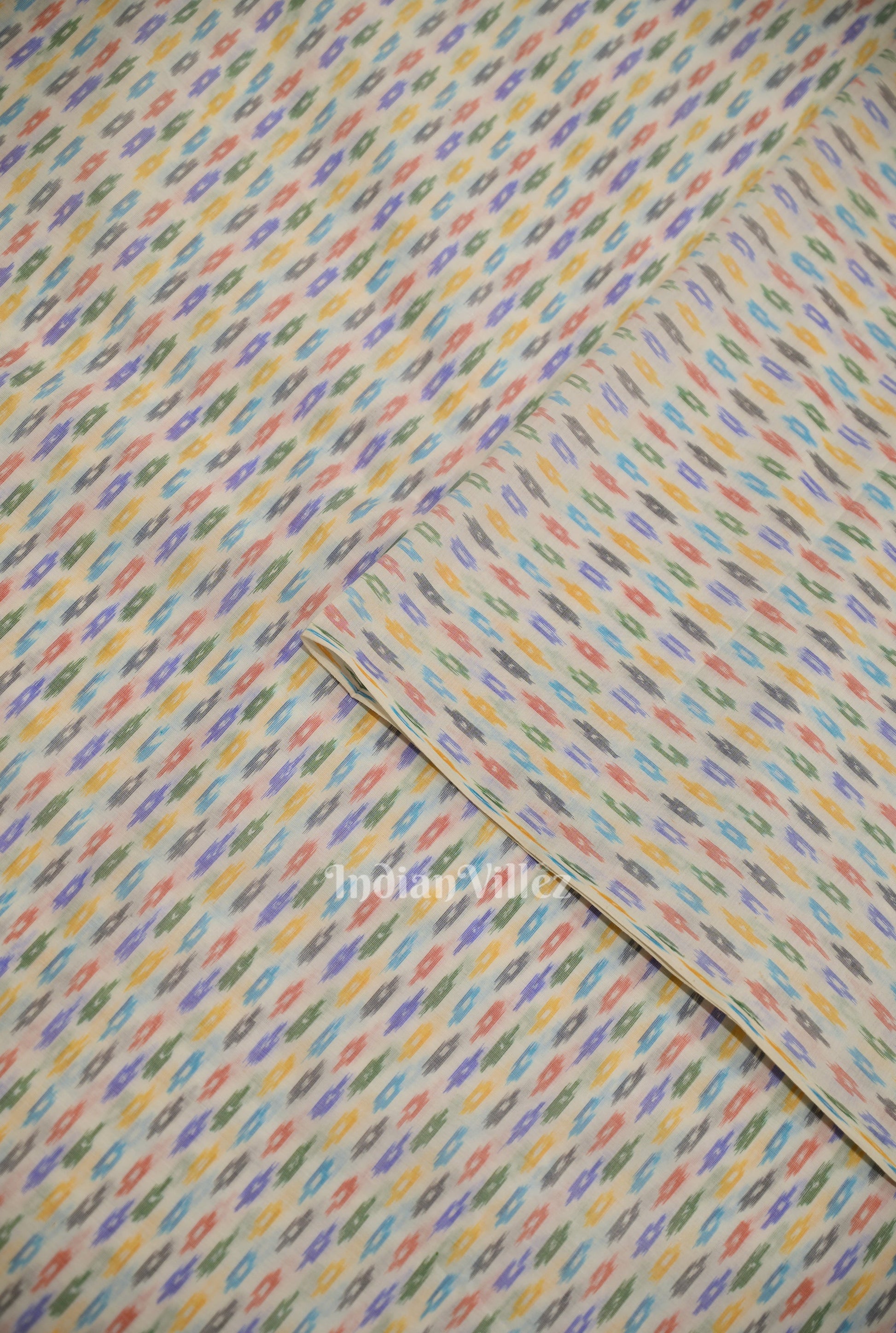 White with Multi Color Pochampally Ikat Silk & Cotton (Sico) Fabric