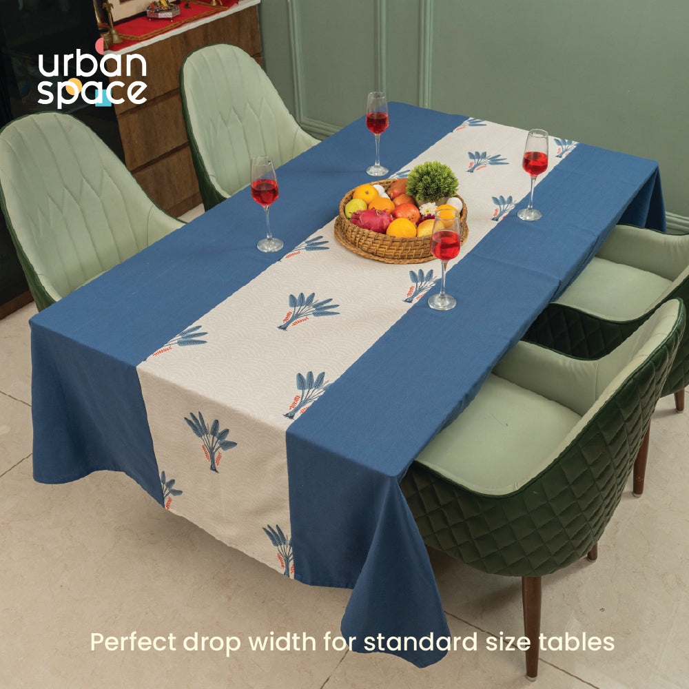 100% Cotton Dining Table Cover, Table Cloth with Panelled design - Palm Lagoon Indigo