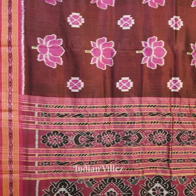 Deep Wine Lotus Flower Theme Odisha Ikat Khandua Silk Saree