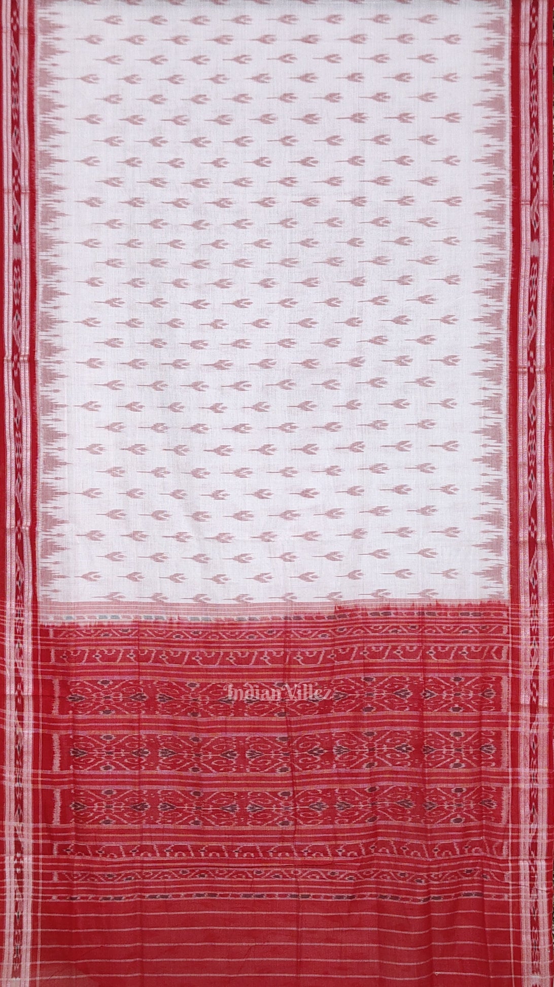 White Red Mayur Chandrika Maniabandha Cotton Saree