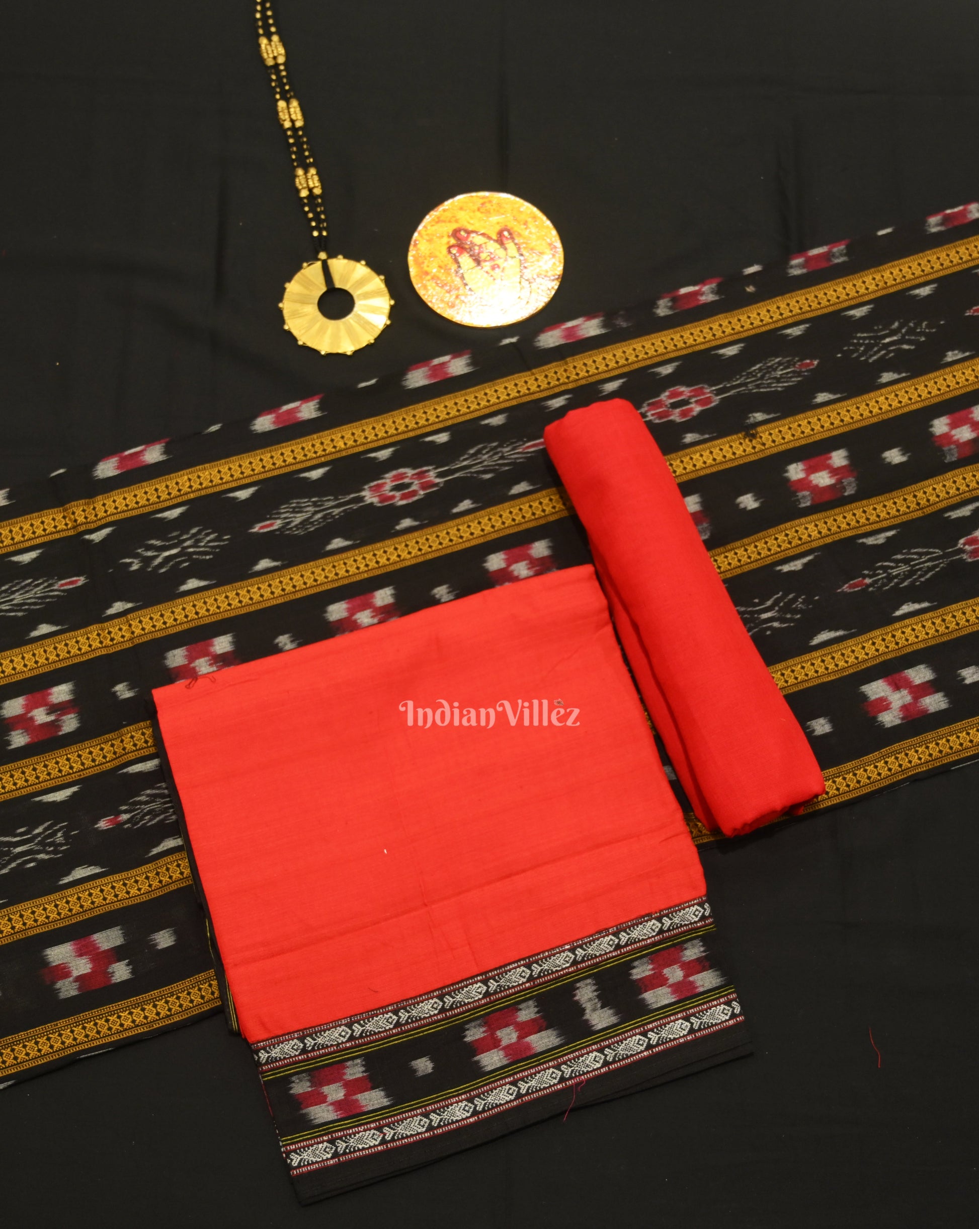 Black Red Pasapali Sambalpuri Cotton Dress set with Dupatta