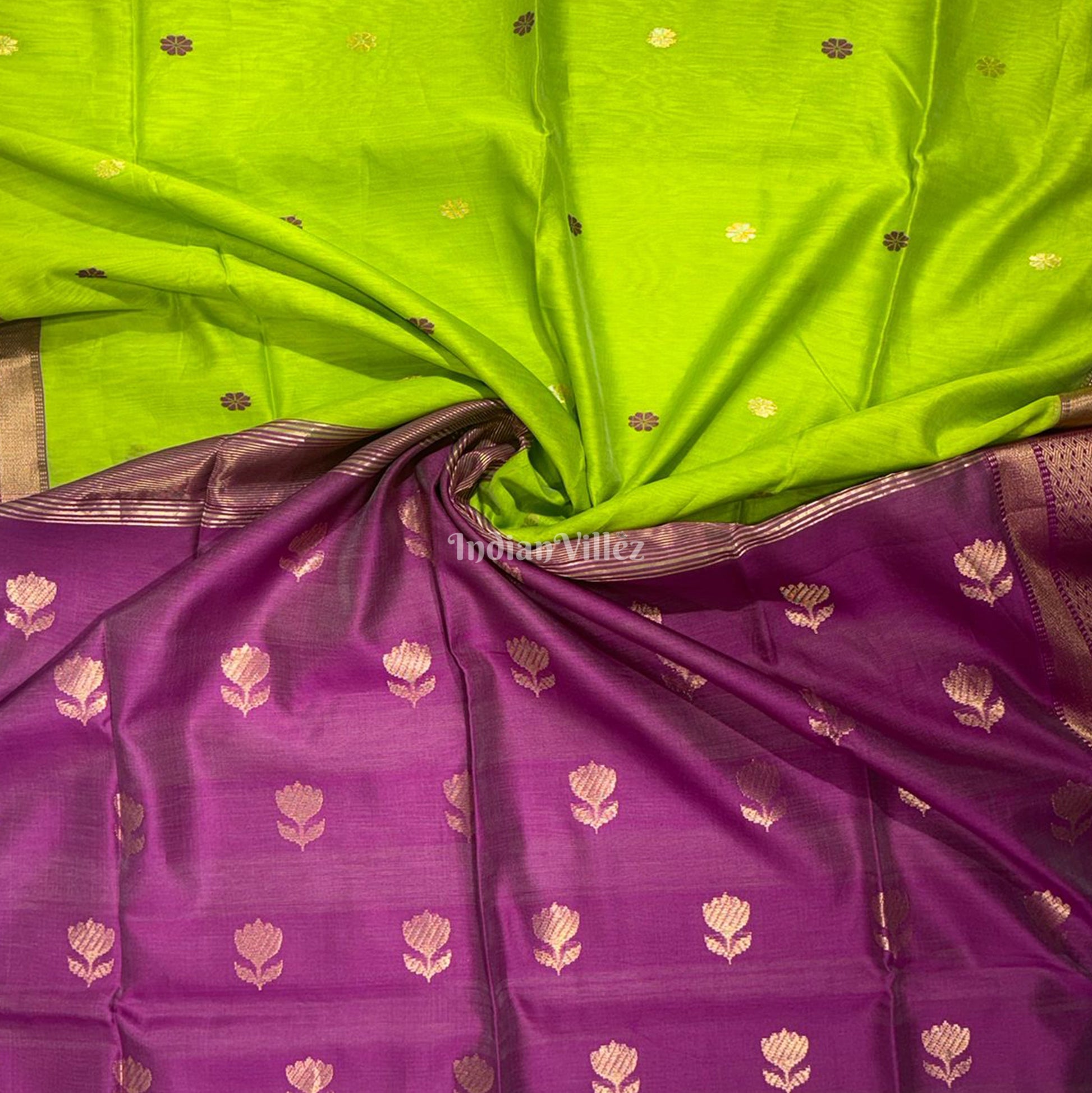 Parrot Green Butta Design Maheshwari Handloom Cotton*Silk Saree