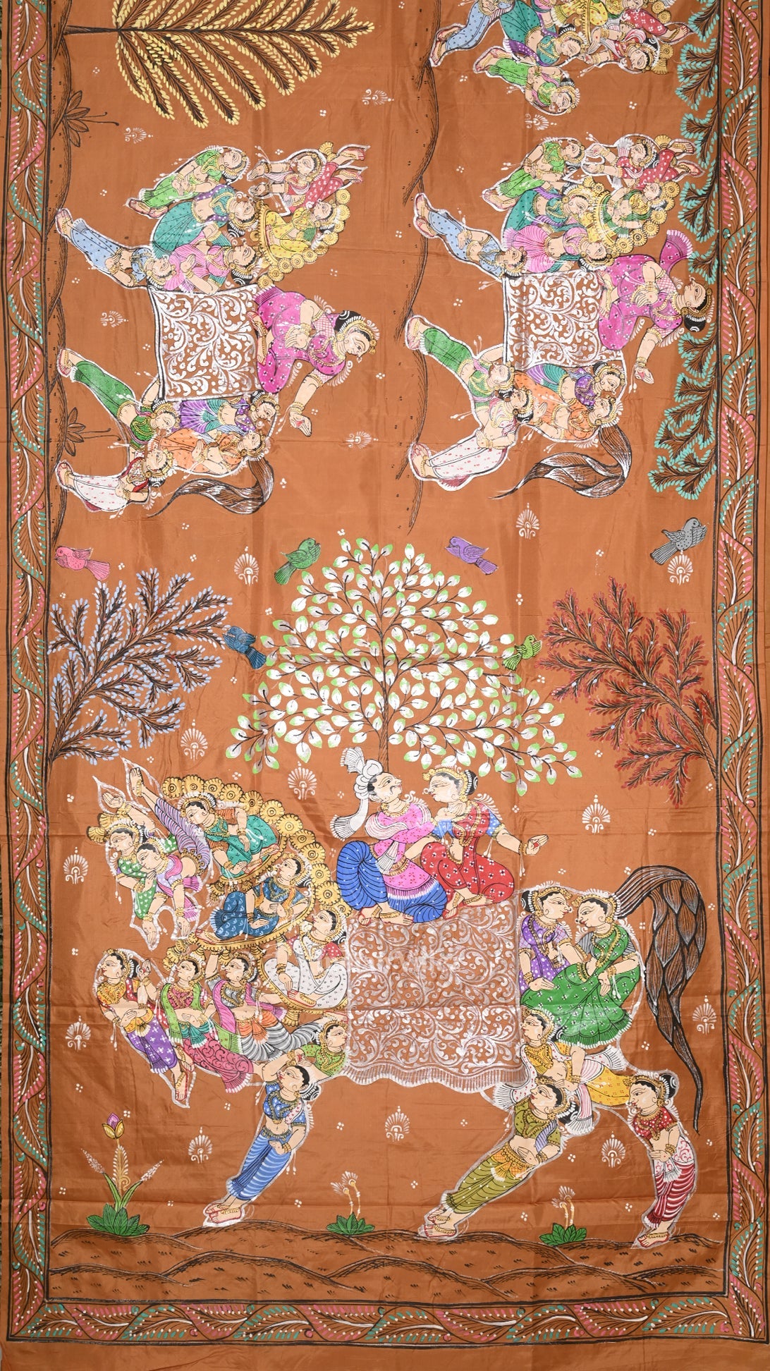 Metallic Bronze Kandarpa Ashwa Hand-Painted Pattachitra Saree