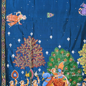 Blue Red Radha Krishna Peacock Design Hand-Painted Pattachitra Saree