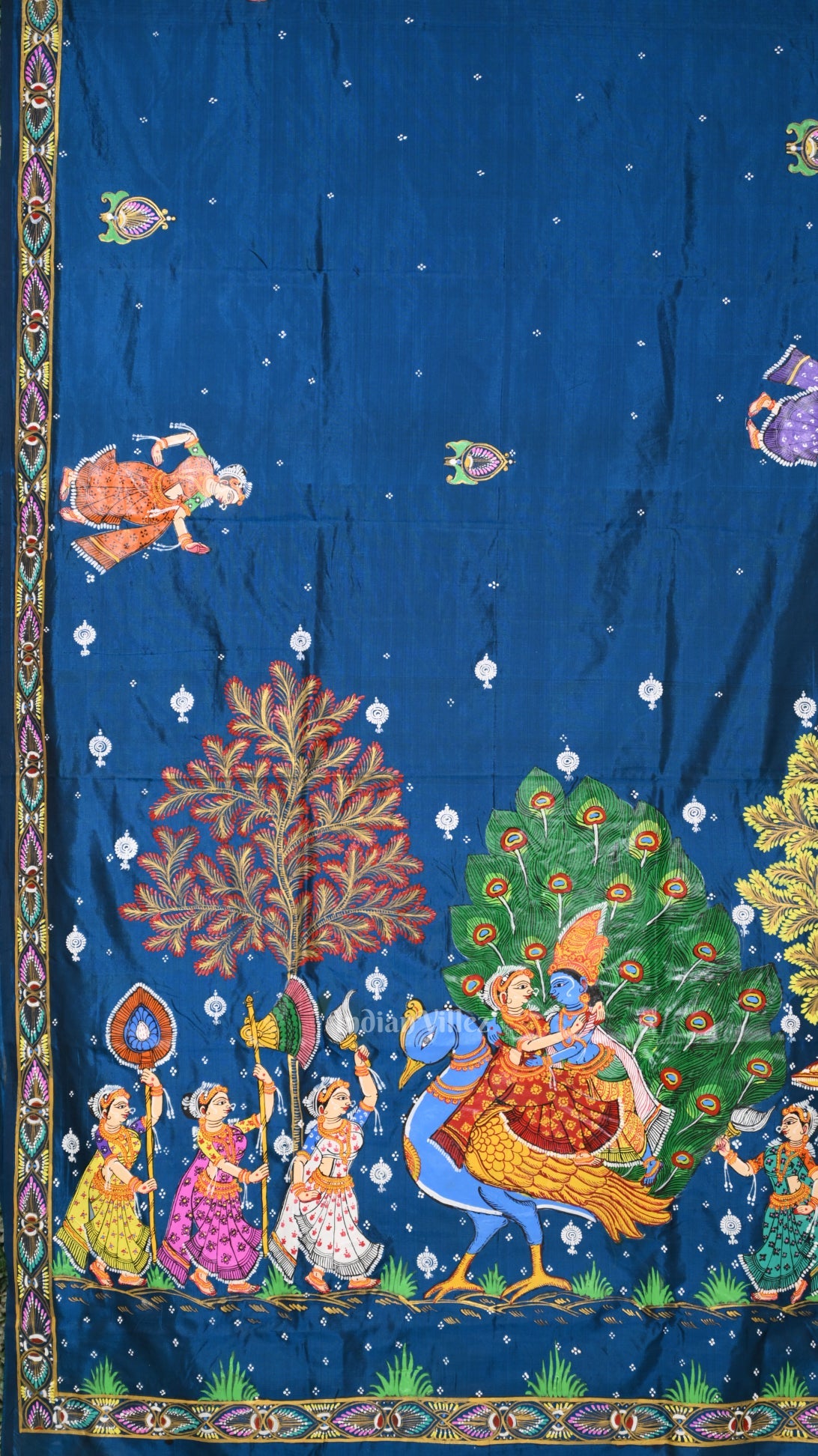 Blue Red Radha Krishna Peacock Design Hand-Painted Pattachitra Saree