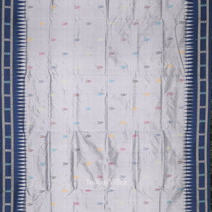 Silver Blue Shree Mandir Theme Bomkai Sambalpuri Ikat Silk Saree