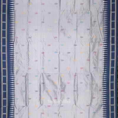Silver Blue Shree Mandir Theme Bomkai Sambalpuri Ikat Silk Saree