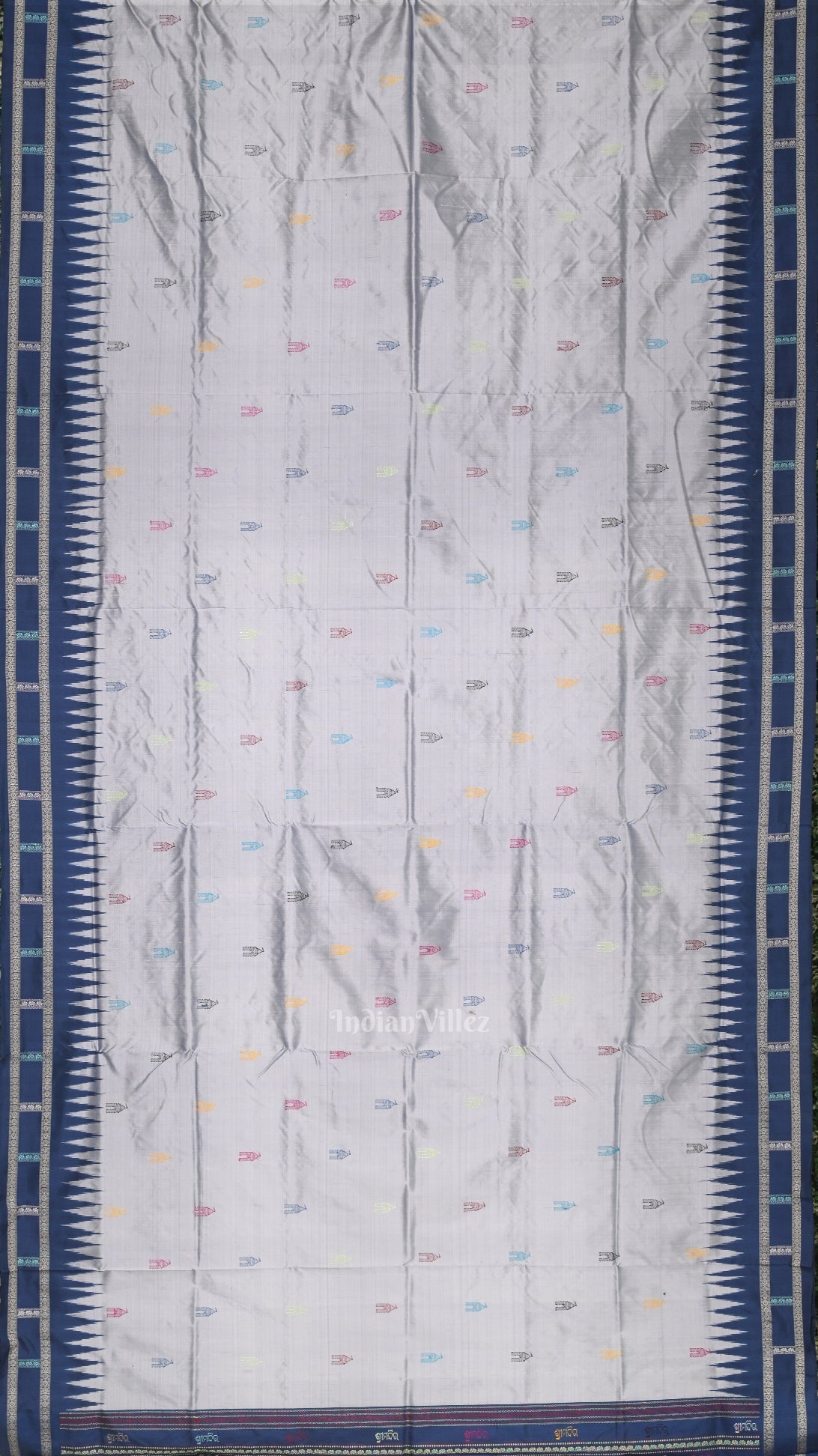 Silver Blue Shree Mandir Theme Bomkai Sambalpuri Ikat Silk Saree