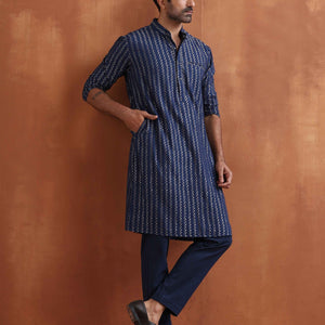 trueBrowns Men's Blue Cotton Dobby Kurta
