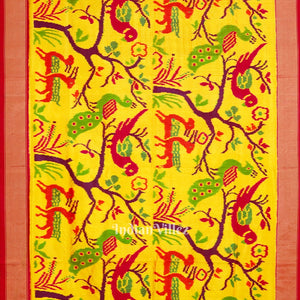 Yellow Nature With Wildlife Design Pochampally Ikat Silk Saree