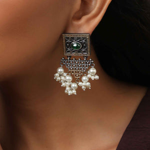trueBrowns Silver Gold Tone Floral Silver Jaal Dangle Earrings