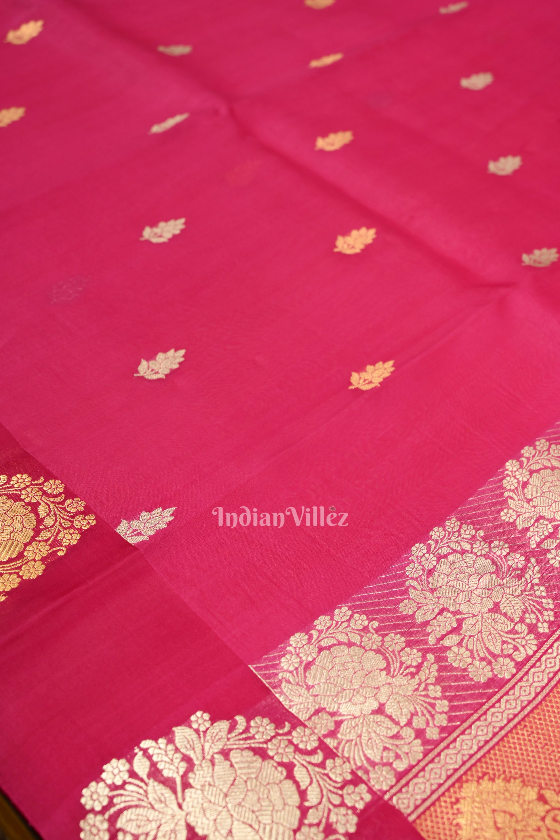 Rani Pink Banarasi Silk Saree With Floral Handwork