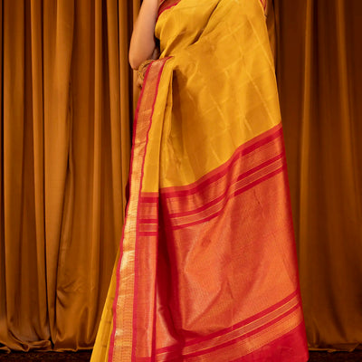 Mustard Handloom Korvai Silk Cotton Saree With Checks-Mustard