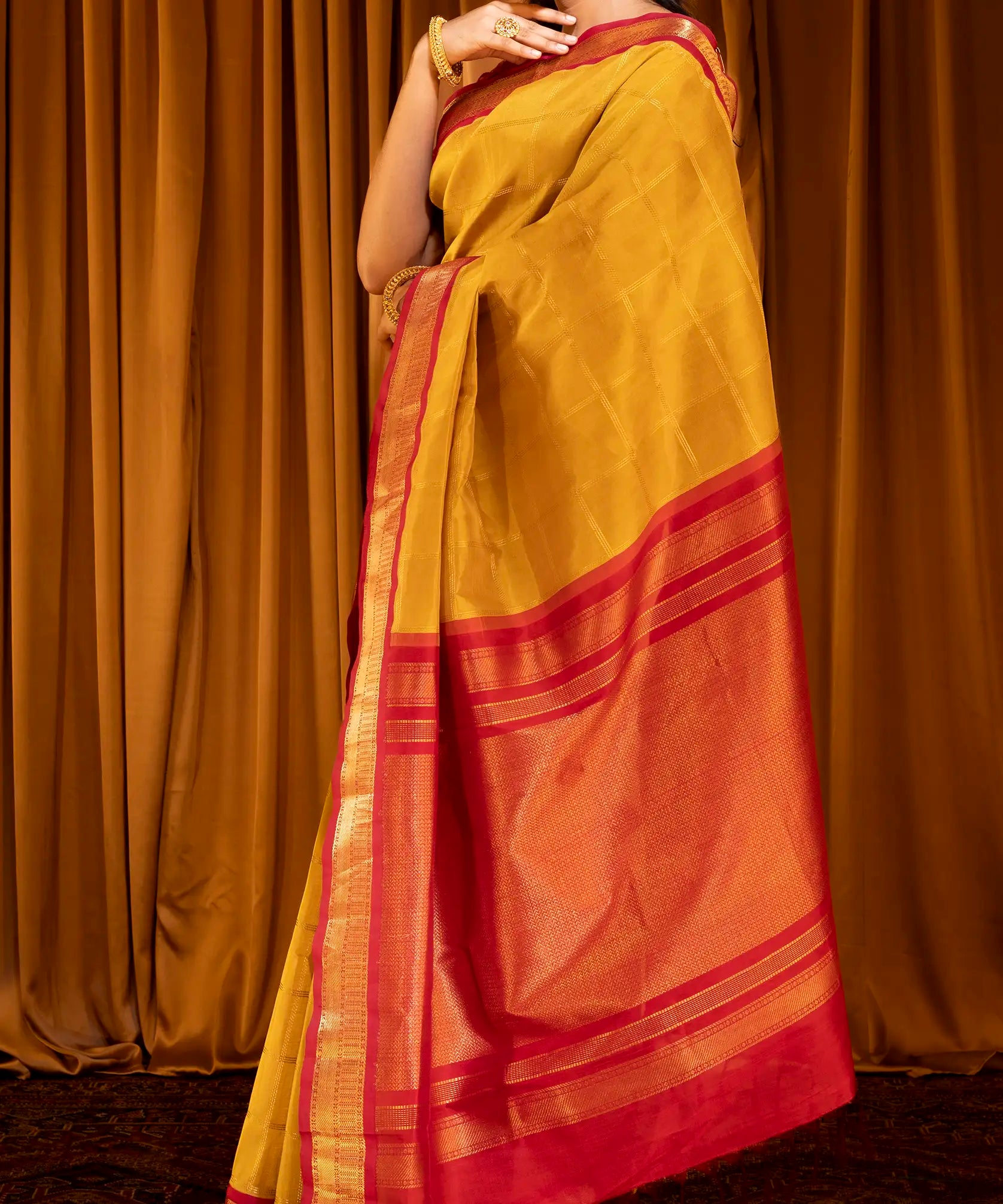 Mustard Handloom Korvai Silk Cotton Saree With Checks-Mustard