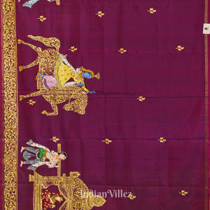 Magenta With Parrot Green Marriage Theme Hand-Painted Pattachitra Saree