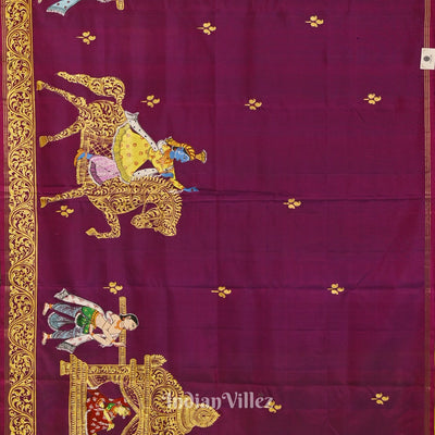 Magenta With Parrot Green Marriage Theme Hand-Painted Pattachitra Saree