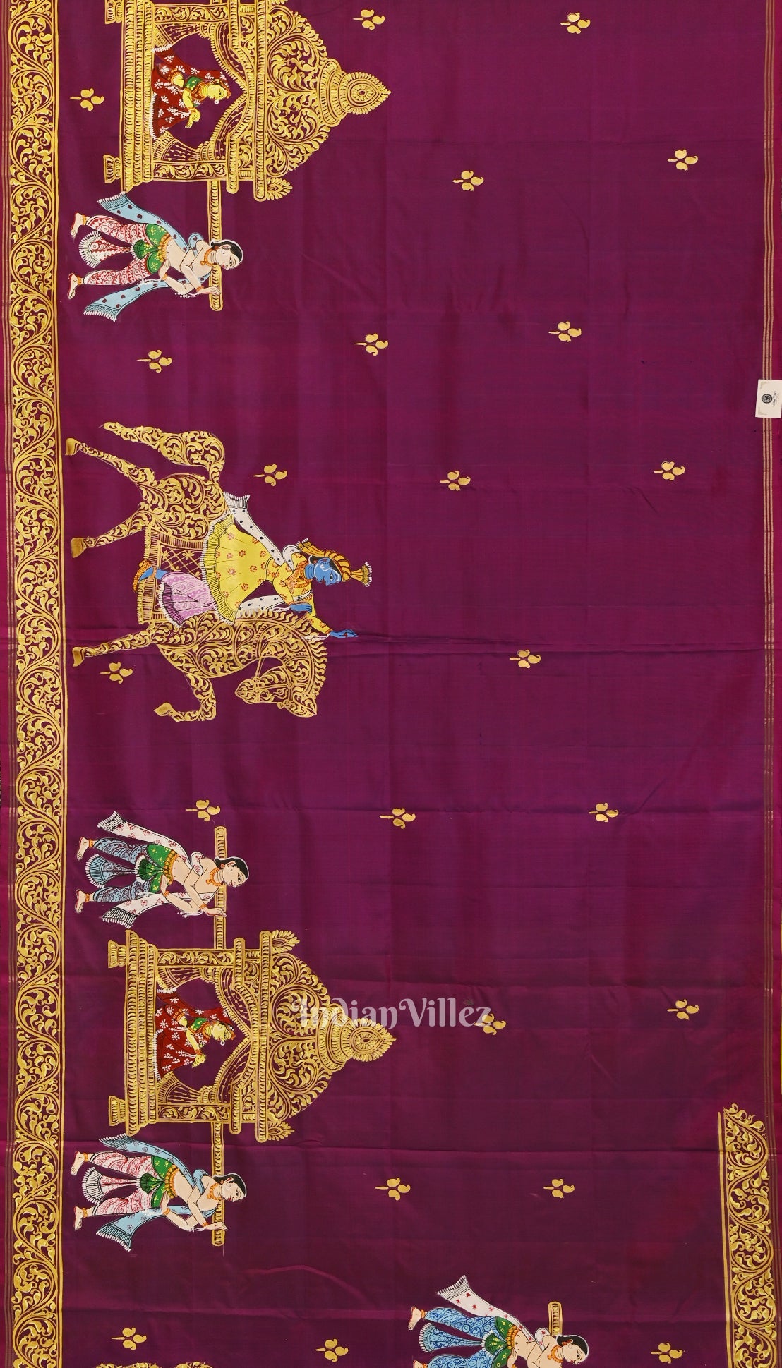 Magenta With Parrot Green Marriage Theme Hand-Painted Pattachitra Saree