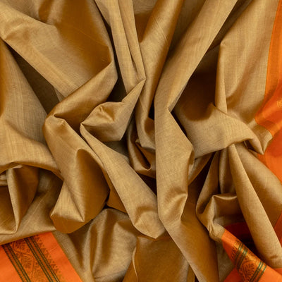Beige Handloom Plain Silk Cotton Saree With Orange Border
