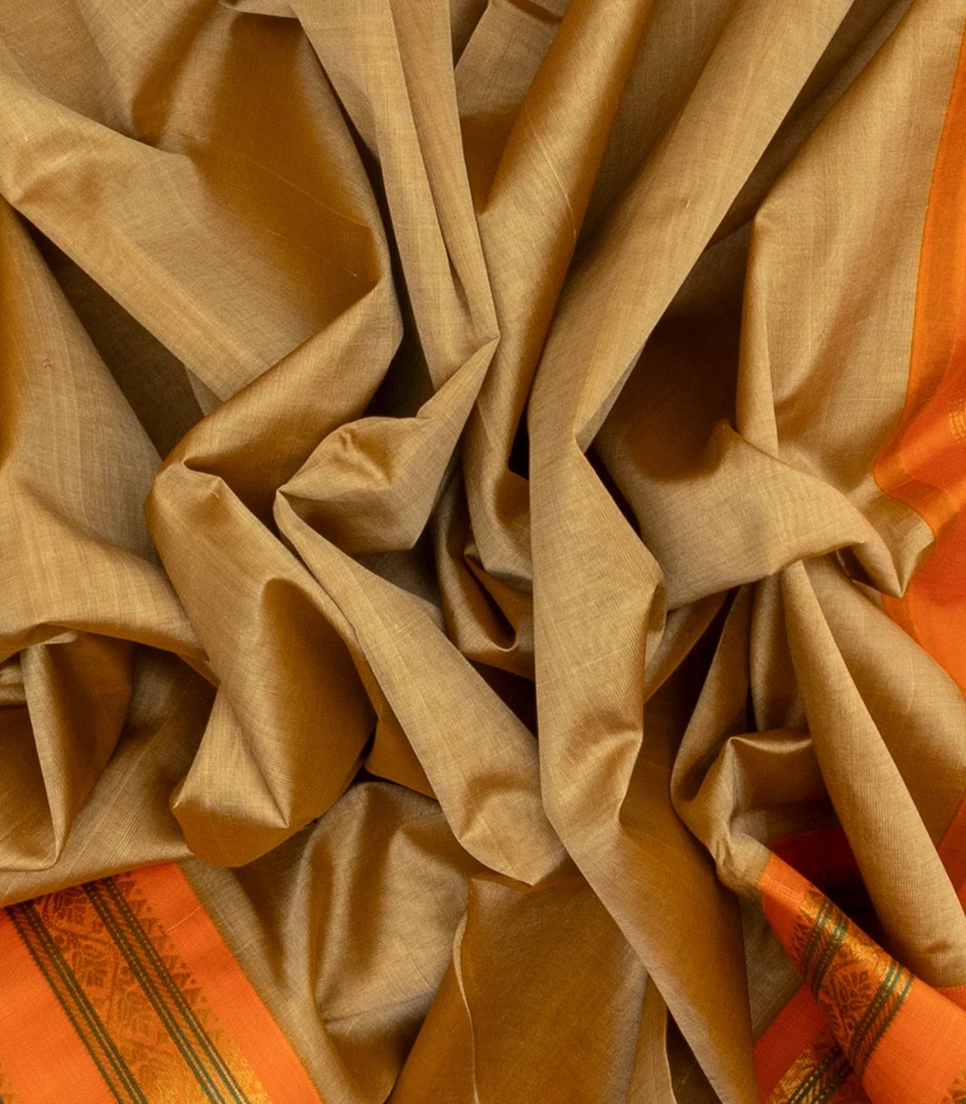 Beige Handloom Plain Silk Cotton Saree With Orange Border