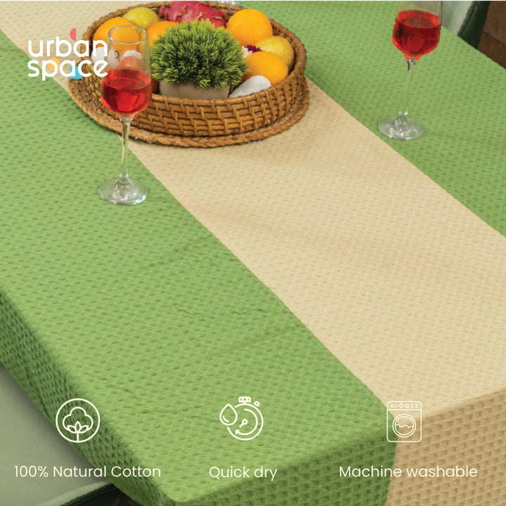 100% Cotton Waffle Weave Dining Table Cover, Table Cloth with Panelled design - Sage Green & Beige