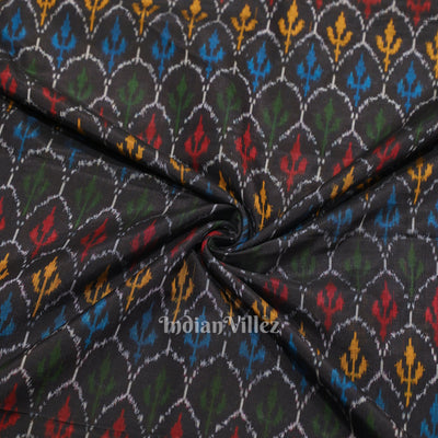 Black Tribal Motif Pochampally Ikat Silk & Cotton (Sico) Fabric
