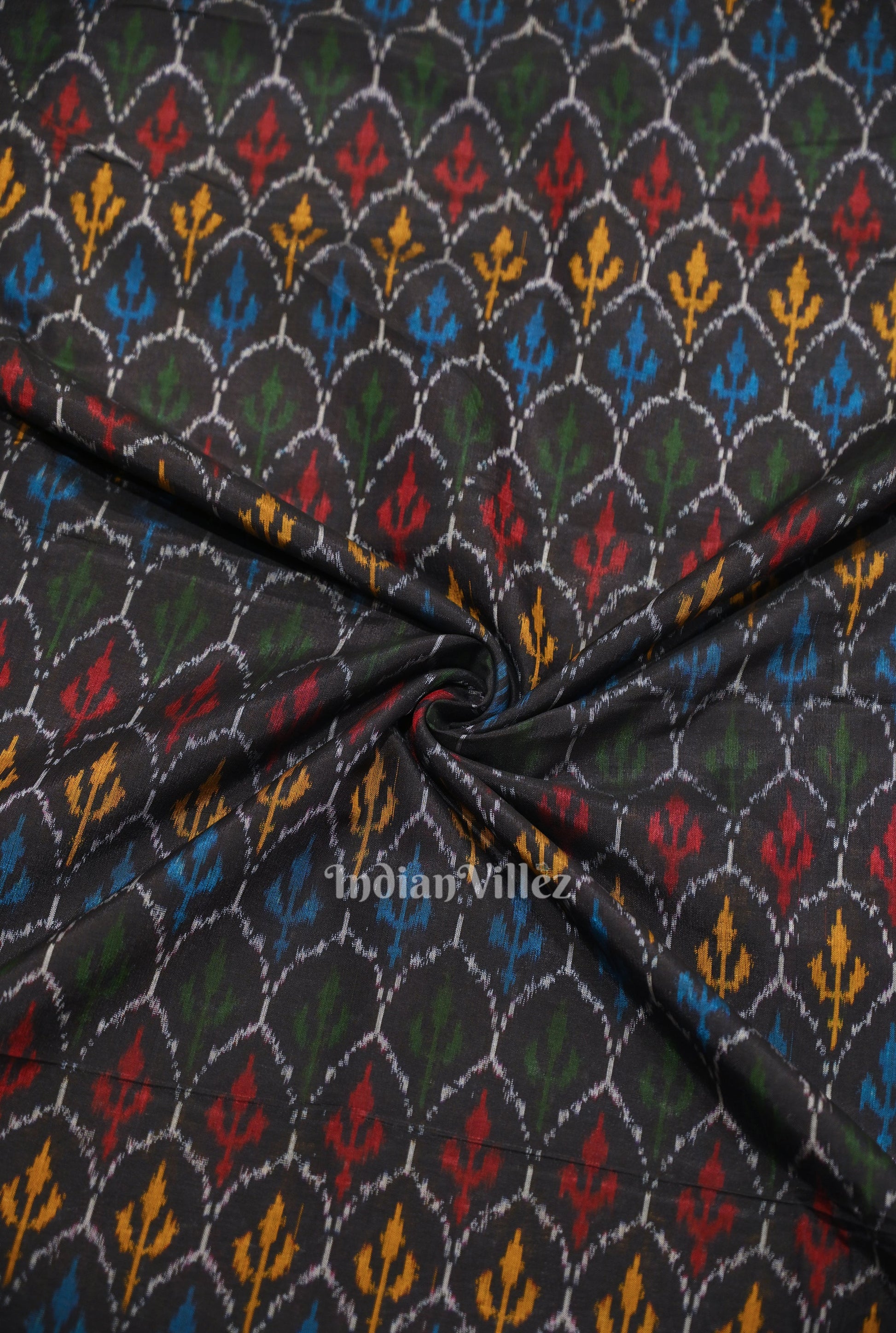 Black Tribal Motif Pochampally Ikat Silk & Cotton (Sico) Fabric