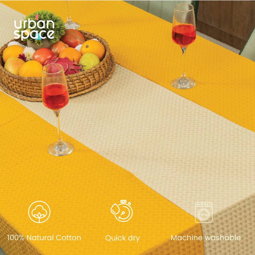 100% Cotton Waffle Weave Dining Table Cover, Table Cloth with Panelled design - Mustard & Beige