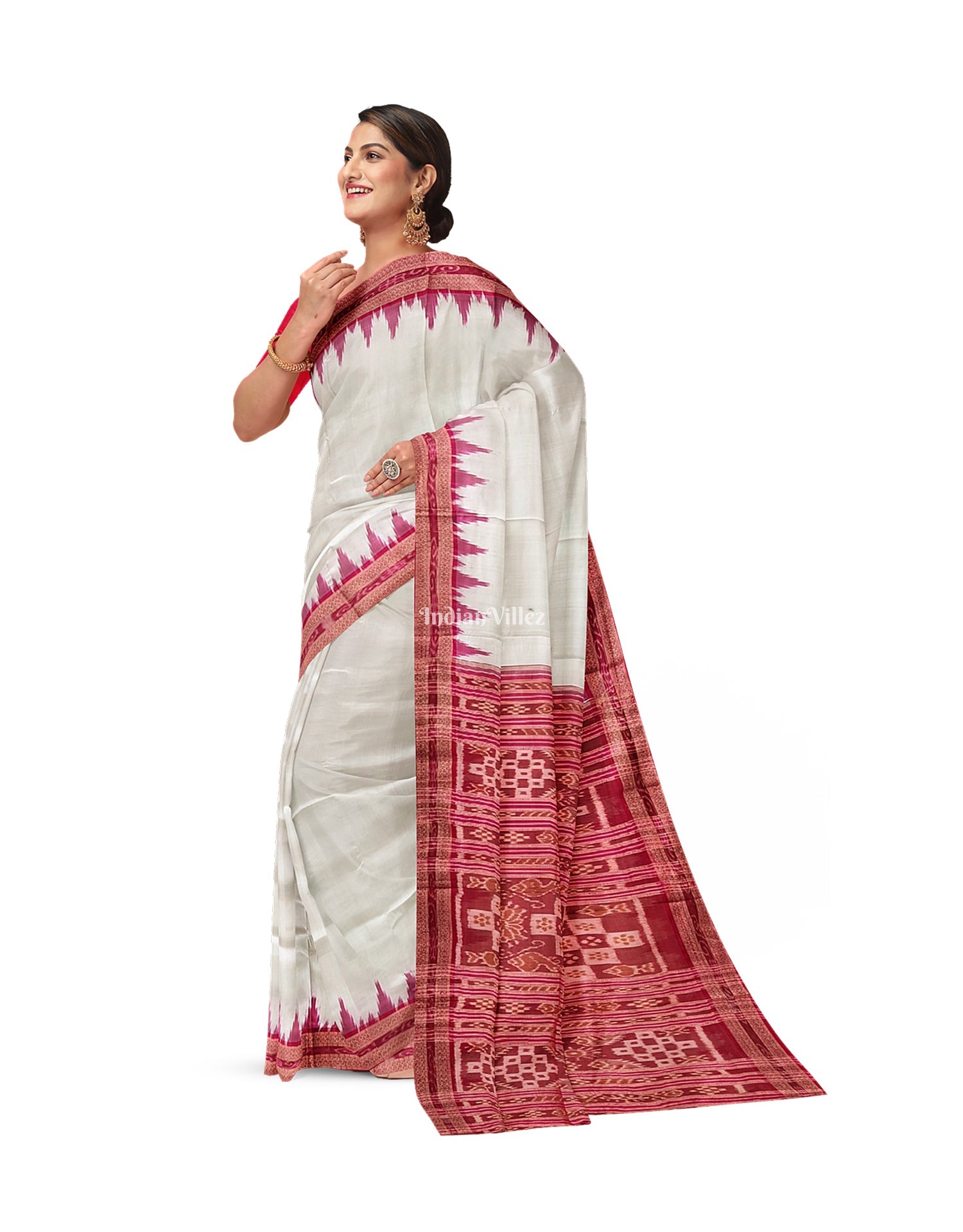 White Odisha Ikat Khandua Silk Saree