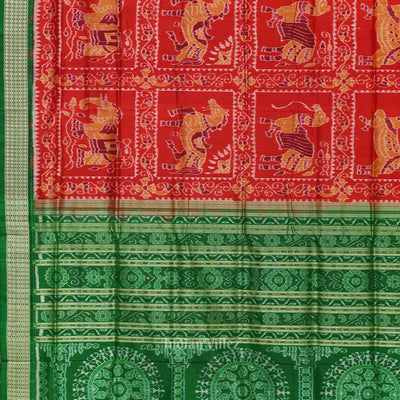 Red Green Animal Theme Sambalpuri Silk Saree