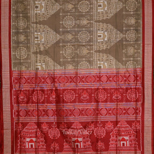 Beige Cream Red Konark Theme Odisha Ikat Sambalpuri Silk Saree