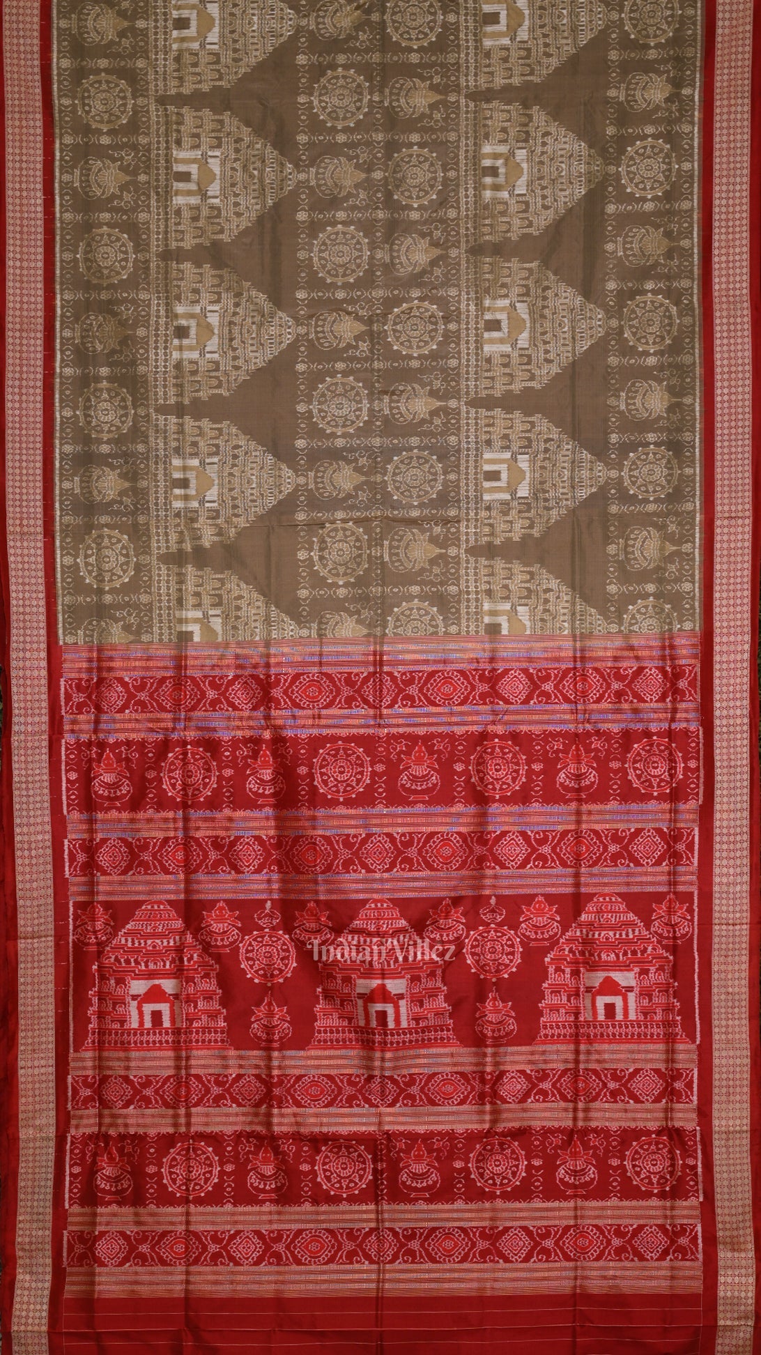 Beige Cream Red Konark Theme Odisha Ikat Sambalpuri Silk Saree