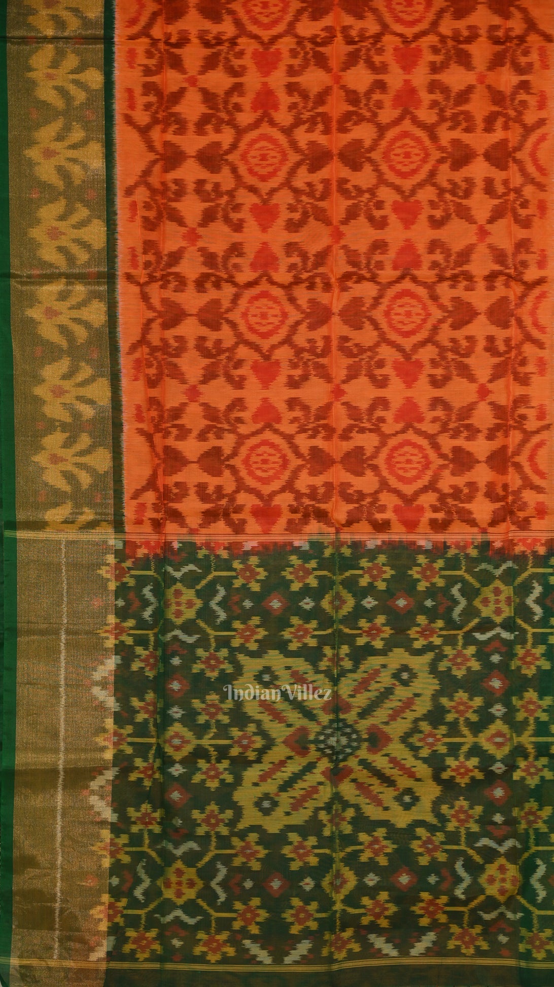 Orange Green Pochampally Ikat Sico (Silk & Cotton) Saree with Zari Border