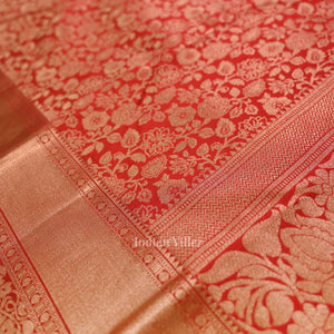 Cherry Red pure Kanjivaram Silk Saree with  Zari Brocade