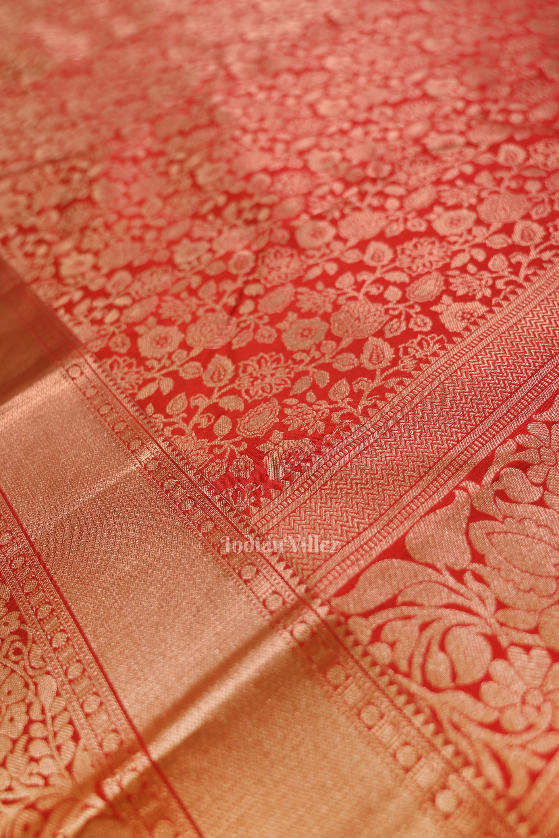 Cherry Red pure Kanjivaram Silk Saree with  Zari Brocade