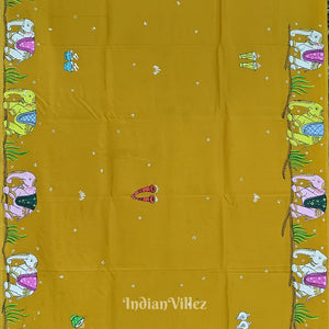 Yellow Doli Barat Theme Hand-Painted Pattachitra Saree